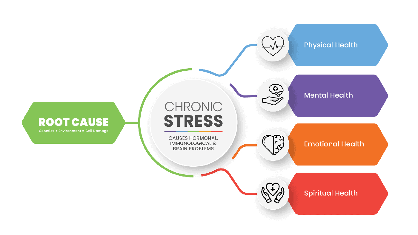 A diagram placing chronic stress at the root cause, connected outward to physical, mental, emotional and spiritual health.