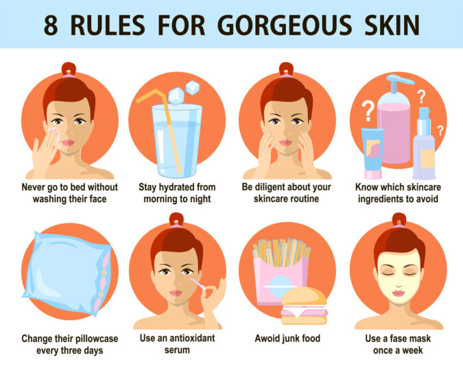 Eight rules for healthy skin, facial care. Infographics. Woman doing skin care procedures. Skincare Steps vector Infographic